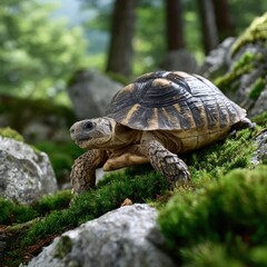 Fototapeta premium A turtle is walking on a mossy rock