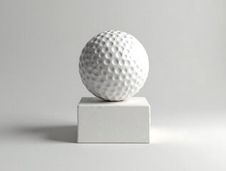 A white golf ball resting on a white cube in a minimalist studio setting shot