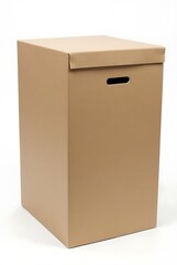 A cardboard box with a lid and handle cutout on a white background plain