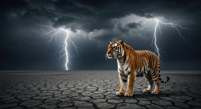 Majestic tiger in thunderstorm for international tiger day awareness