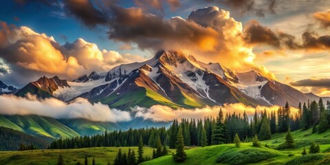 Majestic Mountain Peak Bathed in Golden Sunset Light, Surrounded by Lush Green Valley and Evergreen Forest
