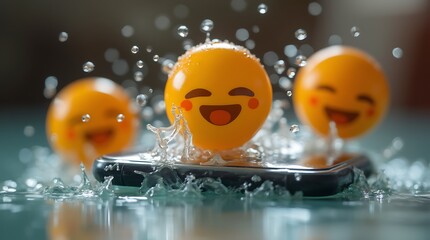 Emojis splashing on a phone demonstrating water resistance and protection