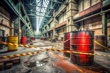 A dilapidated industrial structure with caution tape and corroded barrels, signifying a hazardous environment