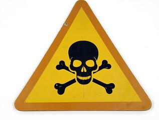Yellow triangular danger sign with skull and crossbones warning symbol here