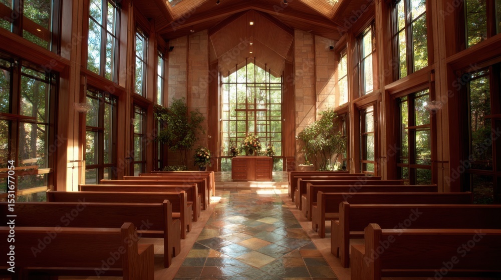 Poster concept photo of a peaceful chapel, with soft natural light filtering through large windows, creatin