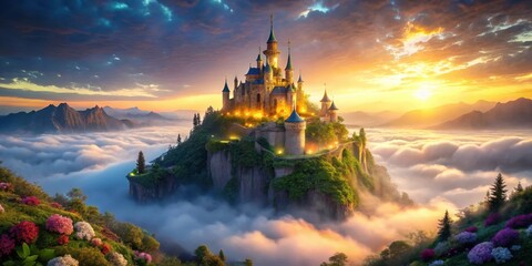 Enchanted Castle Perched on a Mountaintop Above a Sea of Clouds at Sunset