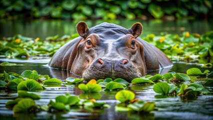 A hippopotamus submerges itself in a tranquil aquatic environment, its head emerging amidst lush, vibrant aquatic vegetation.
