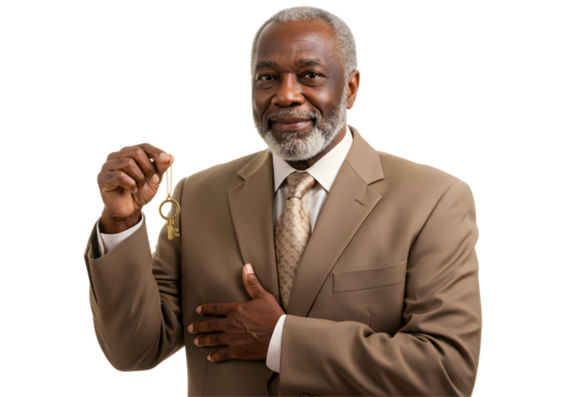 Senior Businessman Holding Key For Success Investment