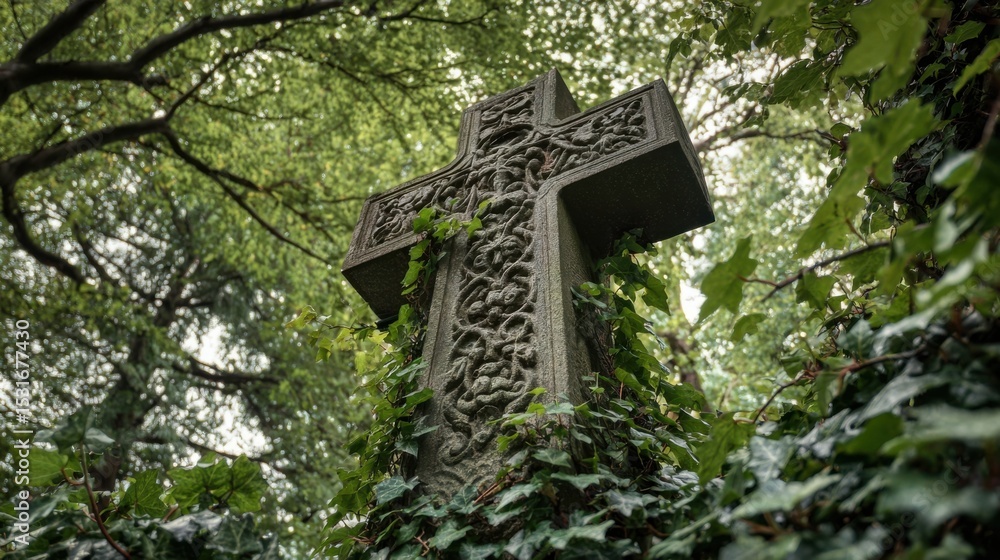 Poster closeup of a cemetery cross, with intricate patterns of ivy vines climbing up its sides. the crosss 