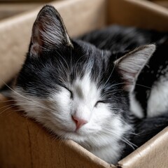A black and white cat is sleeping in a cardboard box