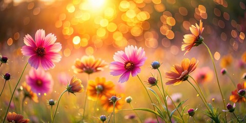 Golden Hour Blooms in a Vibrant Wildflower Meadow, Sunlight Dappled Petals and Delicate Stems