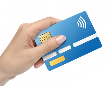 Hand holding contactless credit card png isolated on a white background generated ai
