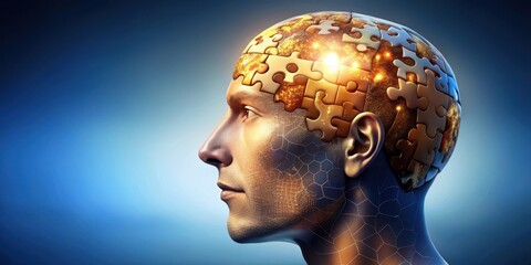 A Humanoid Head Composed of Interlocking Puzzle Pieces, Representing the Complexities of the Mind and the Interconnectedness of Global Consciousness