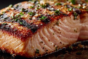 Close-up of grilled salmon steak with herbs and spices
