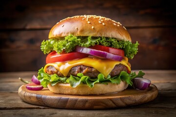 A delectable cheeseburger, featuring a juicy patty, melted cheese, crisp lettuce, ripe tomato slices, and vibrant red onion rings, rests on a rustic wooden board.