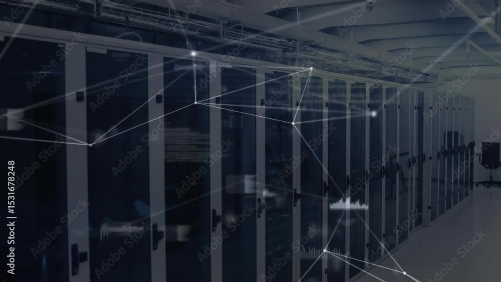Poster white lines initiating over server racks, connecting network nodes and data bars showing data flow