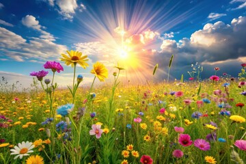 Vibrant Wildflower Meadow at Sunset, a Serene Landscape of Blooming Flowers Basking in Golden Sunlight
