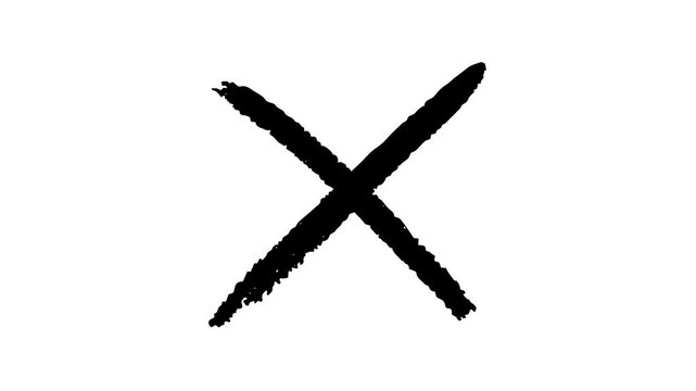 Animated black brush stroke cross with rough, torn edges appearing on a white background. Hand-painted, grunge style design perfect for highlighting errors, cancellations, or rejection.