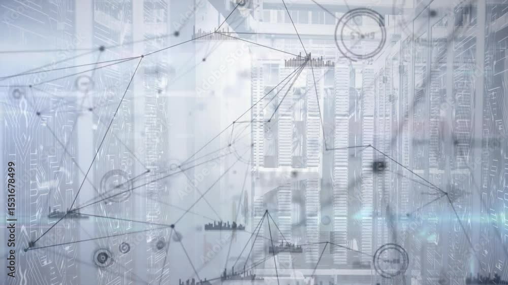 Poster clear network diagram expanding when node cluster glowing nodes connecting, bar charts showing data