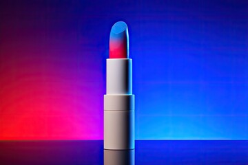 A vibrant lip balm in a white tube, bathed in vibrant neon light