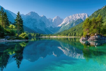 Fototapeta premium Serene alpine lake, mirrored peaks