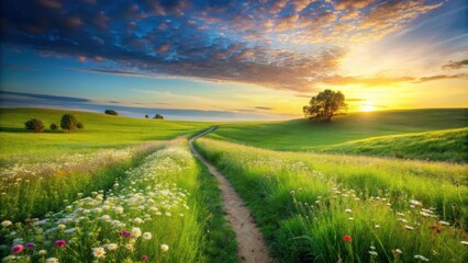 Serene Sunset Landscape A Picturesque Country Road Winds Through Vibrant Meadows, Adorned with Wildflowers, Towards a Solitary Tree Silhouetted Against the Golden Hour Sky