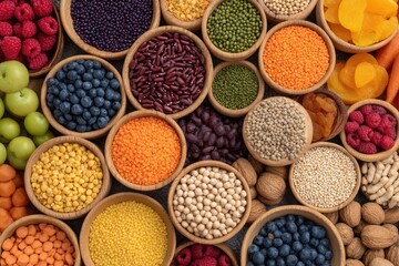 Colorful assortment of whole foods in wooden bowls