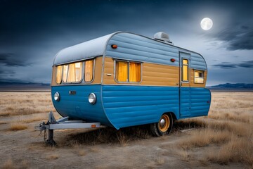 Vintage blue camper in moonlit desert landscape