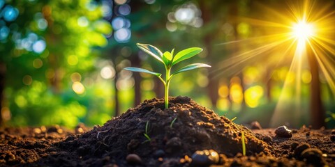A young sprout emerges from rich soil, bathed in the warm glow of the setting sun, symbolizing new life and growth in a vibrant natural environment.