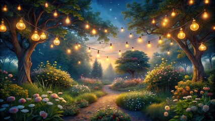 Enchanted Evening Garden Path Illuminated by Fairy Lights A Serene Landscape Featuring Blooming Flowers and Winding Pathway