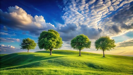 Serene Rolling Hills Landscape Featuring Four Lush Green Trees Under a Dramatic Sky