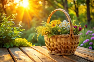 Golden hour sunlight illuminates a wicker basket overflowing with a vibrant bouquet of wildflowers, resting on a rustic wooden table in a tranquil garden setting.