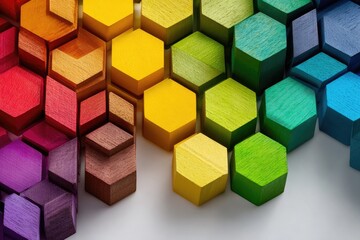 Colorful, geometric wooden blocks arranged in a hexagonal pattern