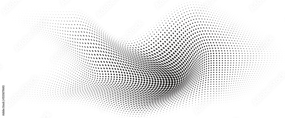 Fototapete Flowing Wave Dot Halftone Pattern: Curve Gradient Shape on Transparent Background. Suitable for AI, Tech, Network, Digital, Science, and Technology Themes.