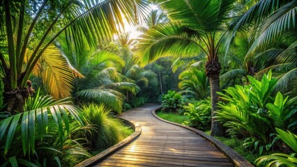 Serene Tropical Pathway A Winding Wooden Walkway Through Lush Palm Trees and Vibrant Foliage Under the Warm Morning Sun