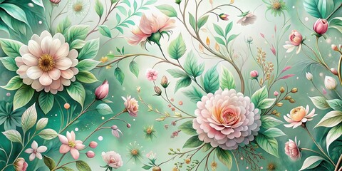 Enchanted Garden A Whimsical Bloom of Delicate Pink and White Flowers with Lush Green Foliage on a Soft Teal Background