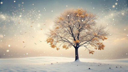 A solitary tree, adorned with the last vestiges of autumn's golden leaves, stands serene amidst a softly falling snow, its branches reaching towards a sky filled with a gentle, ethereal glow.