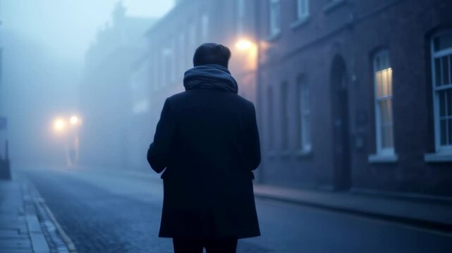 Solitude amidst urban fog: A lone figure navigating a misty streetscape