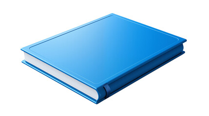 A closed blue book with white pages and a blue bookmark lying on a transparent surface at an angle