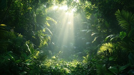 Fototapeta premium Lush jungle canopy, sunlight rays