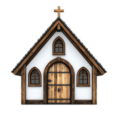 Obraz premium Rustic Wooden Chapel with White Plaster Walls and Arched Windows