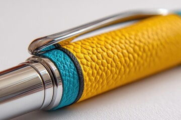 Close-up of a pen with yellow and teal colored leather grip