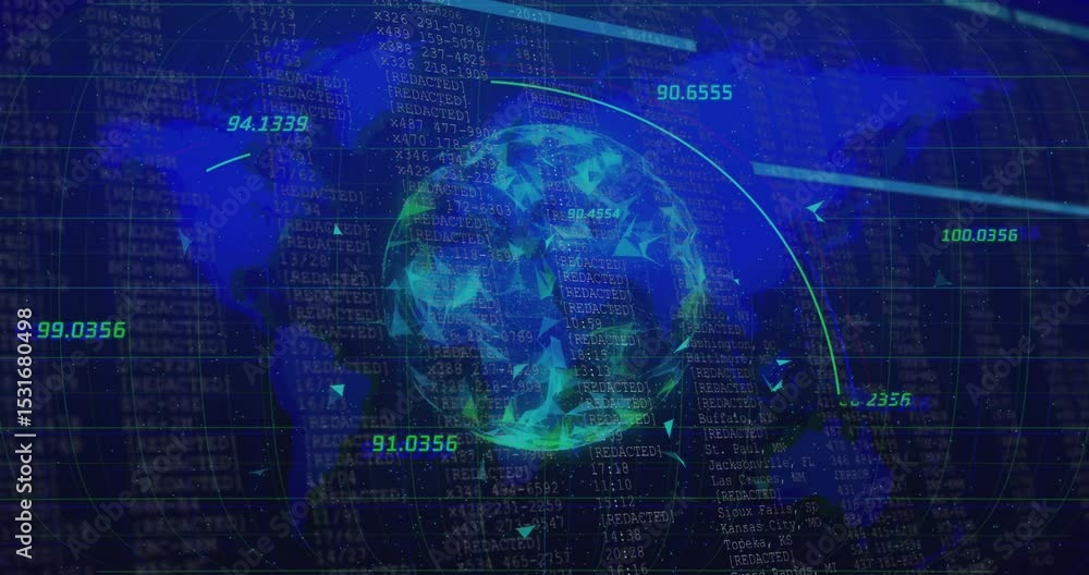 Poster upon grid map appearing, globe emerging with labels, arcs connecting, code scrolling for data flow