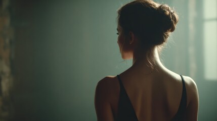 Back view of a young ballerina in a black leotard, standing in a dimly lit studio, contemplating soft light filtering through a window, creating a serene atmosphere