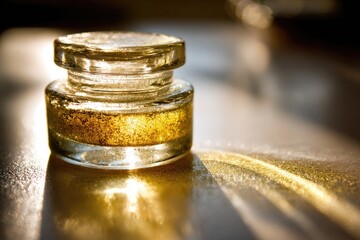 Golden glitter in a glass jar, sunlit