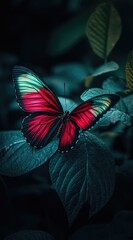 Vibrant red butterfly on dark teal leaves