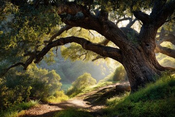 Sunlit path beneath a large, ancient oak tree in a lush forest