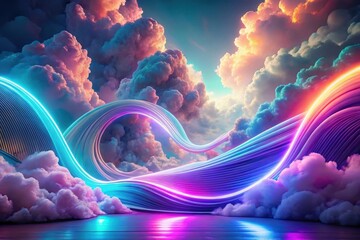 Serene Dreamscape Glowing Neon Ribbons Weaving Through a Canvas of Pastel Clouds and a Reflective Surface