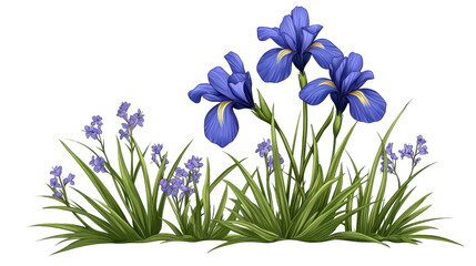 Vibrant Blue Irises and Purple Flowers in Lush Green Grass