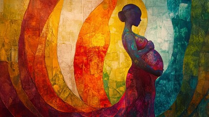 Pregnant woman silhouette against vibrant, abstract, colorful background.